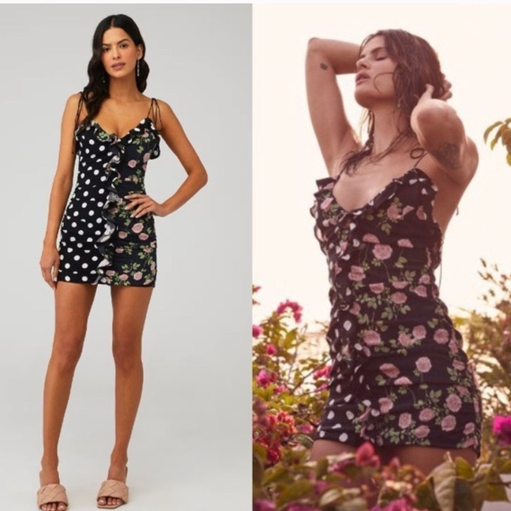 FOR LOVE & LEMONS MOCHI SHIRRED MINI DRESS Floral and Polka Dot Mini Dress, M